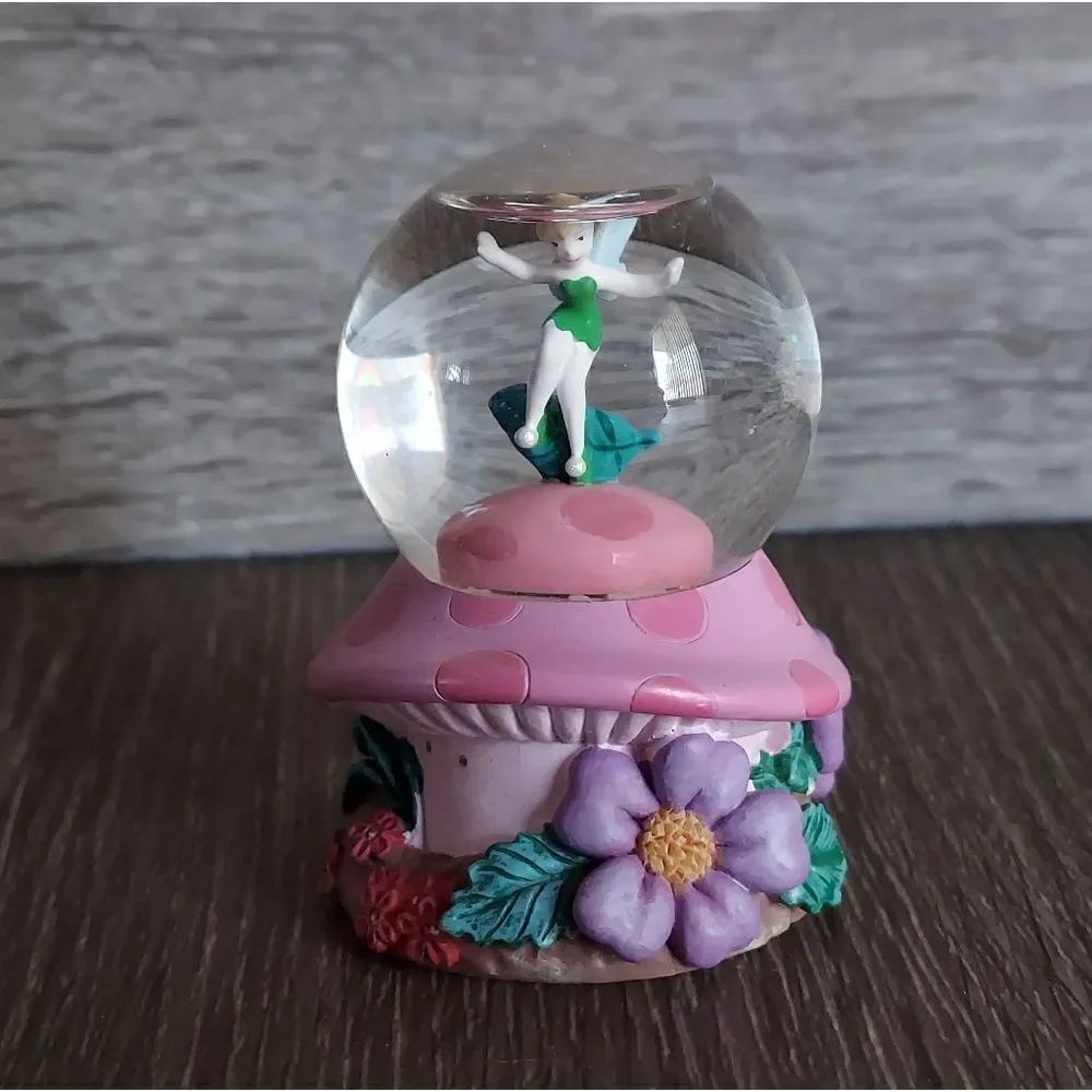 Tinker Bell Disney Pink Purple Flower Mushroom Mini Glass Glitter Snow Globe 3"